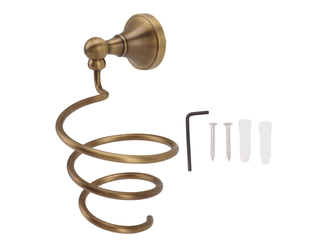 Soporte de pared de cobre para secador de pelo, ideal para salón y hogar.