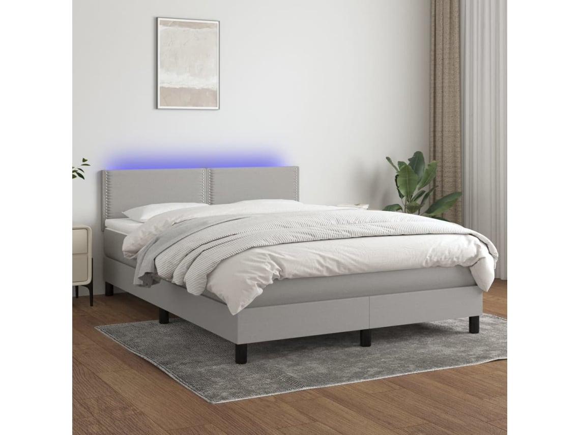 Cama box spring colchón y luces LED tela gris claro 140x200 cm