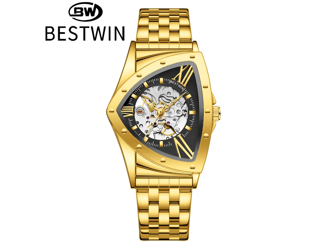 Reloj mecánico triangular esqueletizado MDUG para hombre (dorado y negro)