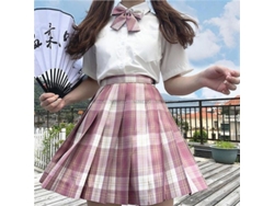 Saia plissada feminina estilo uniforme escolar japonês, cintura alta, corte em A, xadrez, manga curta/longa, poliéster, tamanho XL, cor chá preto.