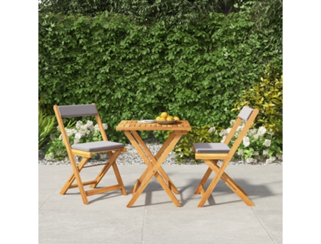 Conjunto 3 Mesa y sillas plegables terraza VIDAXL y cojines madera acacia