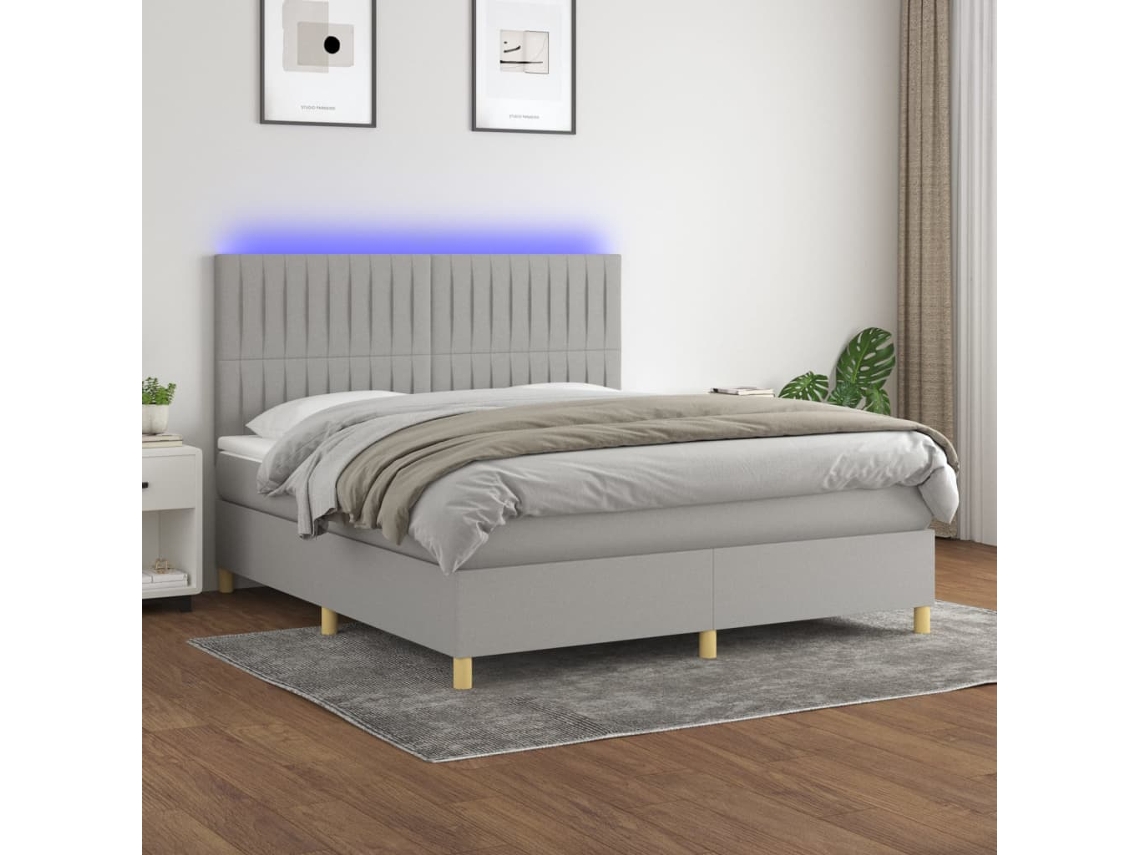 Cama Box Spring Colchón Y Luces Led Tela Gris Claro 160x200 Cm