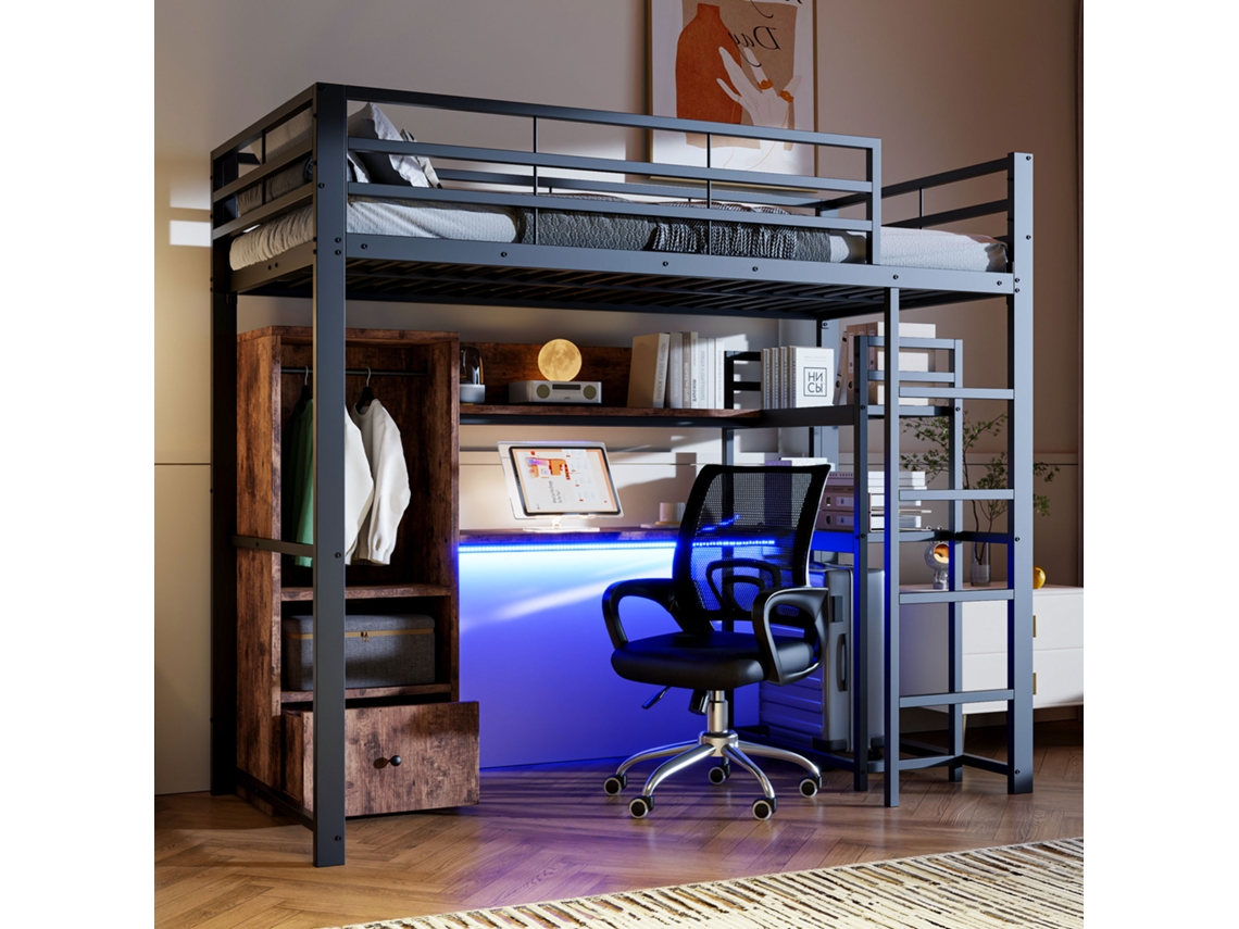 Cama Alta 90x200 Metal Luzes Led Escrivaninha Gaveta Prateleiras Grade Escada Sem Colchão Certificada En747 Preta