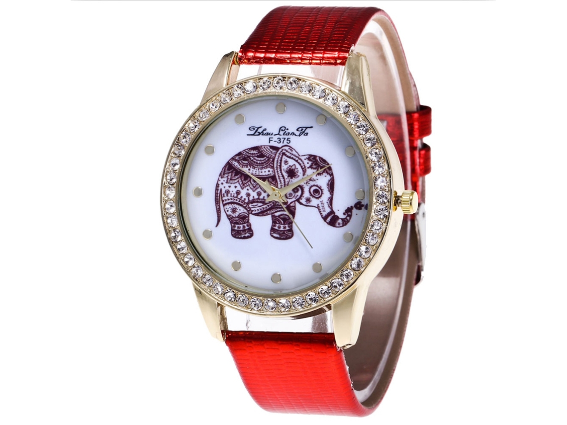 Reloj De Cuarzo Para Mujer Con Correa De Piel Sintética, Estampado De Elefante Con Diamantes De Imitación Rojos.