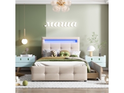 Cama individual de 90 x 200 cm en tejido de lino con LED y 2 cajones en color beige.