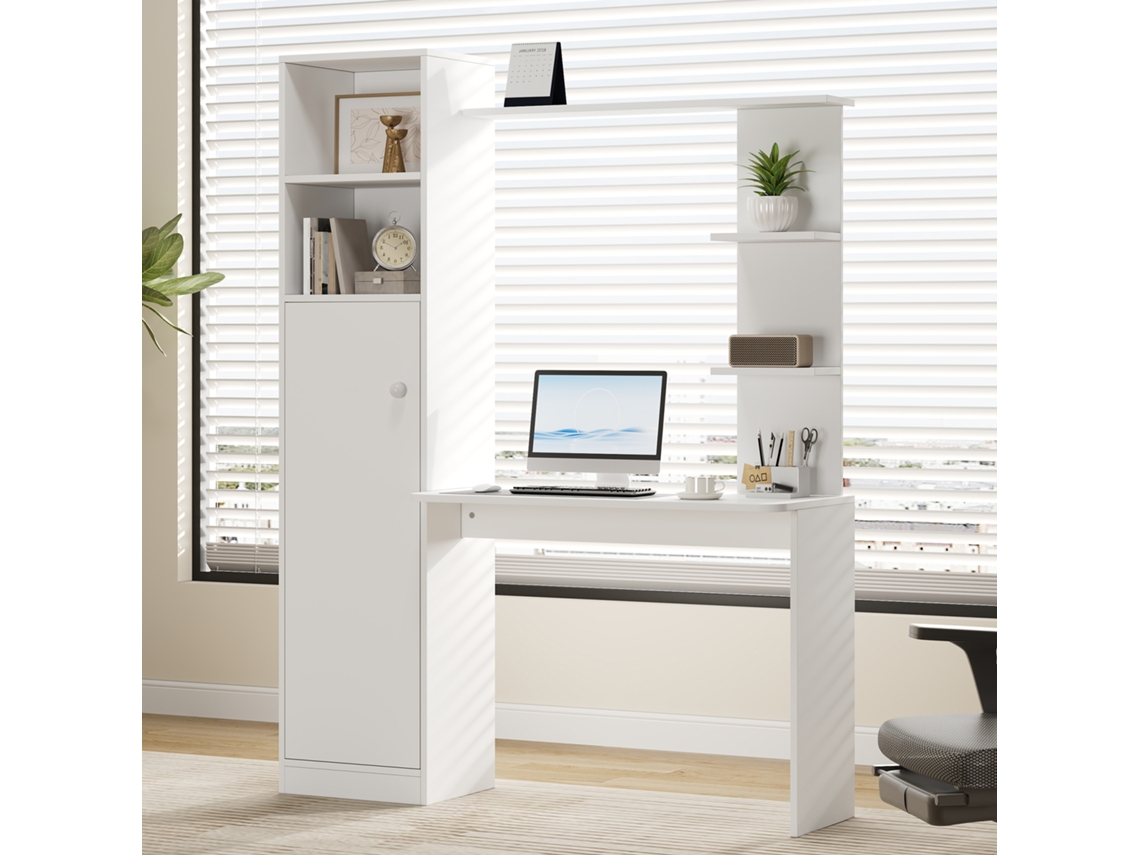Escritorio De Estudio Y Oficina 123,5 X 45 X 168,5 Cm - Con Armario Y Estantería De Almacenamiento, Diseño Moderno De Oficina - Blanco