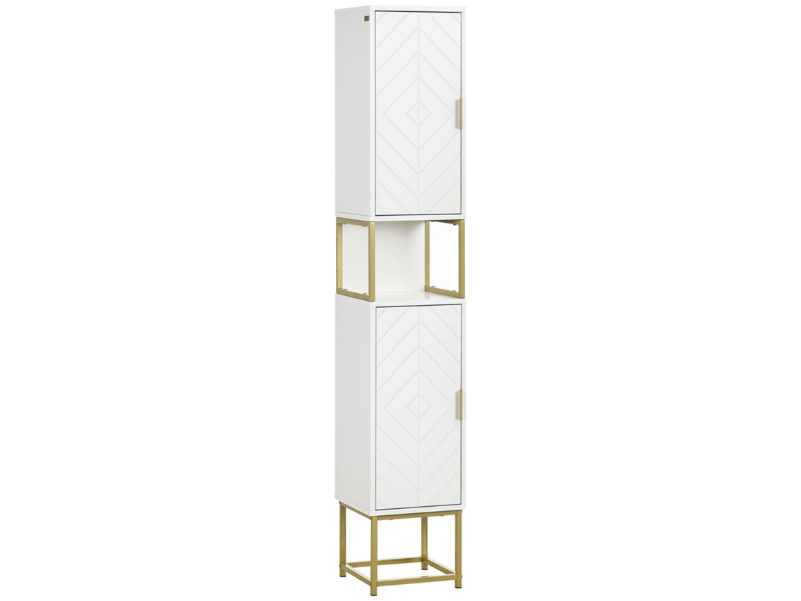 Columna de almacenamiento para baño con nicho y 2 armarios, estante ajustable y patas de acero VISTA