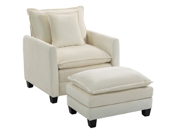 Sillón Con Reposapiés, Sofá Individual De Chenilla, Asiento Ancho, Acolchado De Doble Capa, 85x128x86cm, Color Crema.