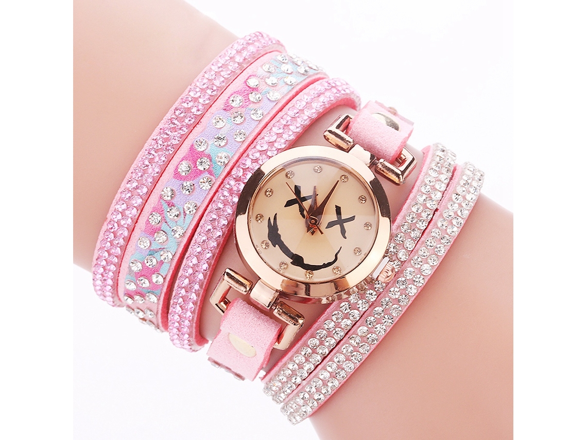 Reloj De Pulsera De Cuarzo Para Mujer Con Diamantes De Imitación, Gamuza Floral Multicapa, Rosa Moderno.
