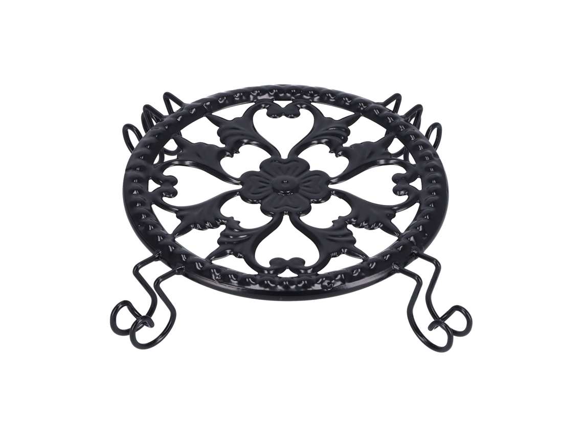 Elegante soporte para macetas de hierro forjado negro, ligero y estable.