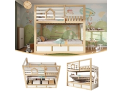 Litera Infantil De 90x200 Cm Estilo Cabaña Con Ventanas, 2 Plazas Para Dormir, Escalera Recta, Almacenamiento Hidráulico, Color Blanco Y Madera.