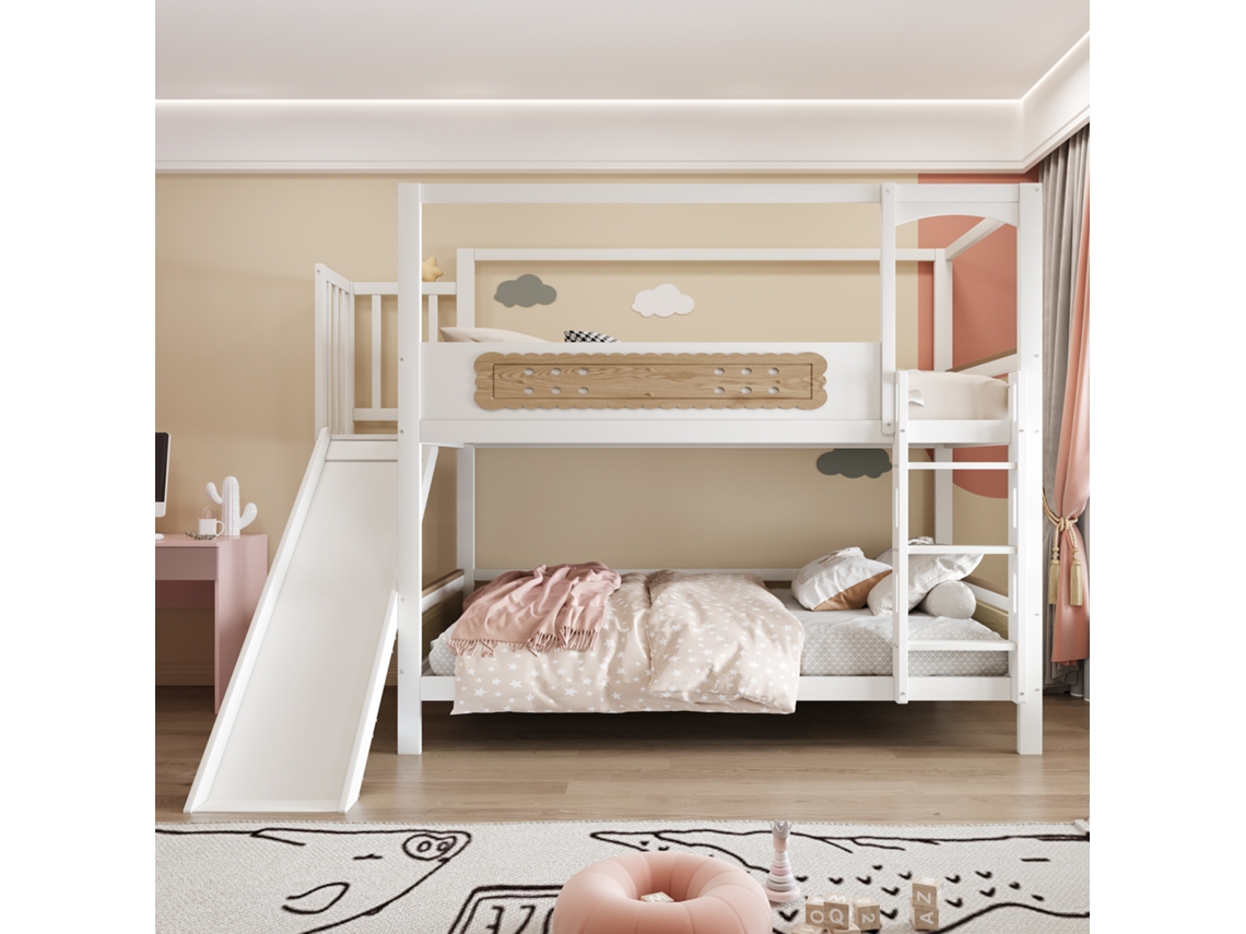 Litera infantil de 90 x 200 cm, estructura con forma de casa y tobogán, barandillas decorativas y escalera extraancha, madera natural y blanco