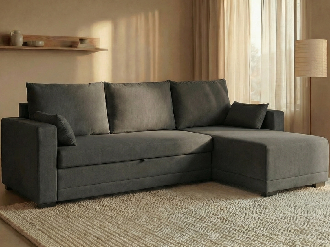 Sofá Cama 3 Plazas BUDWING Leah Gris Oscuro + Chaise Longue (233 x 140 x 69 cm - Reversible Lado Derecho/Izquierdo)