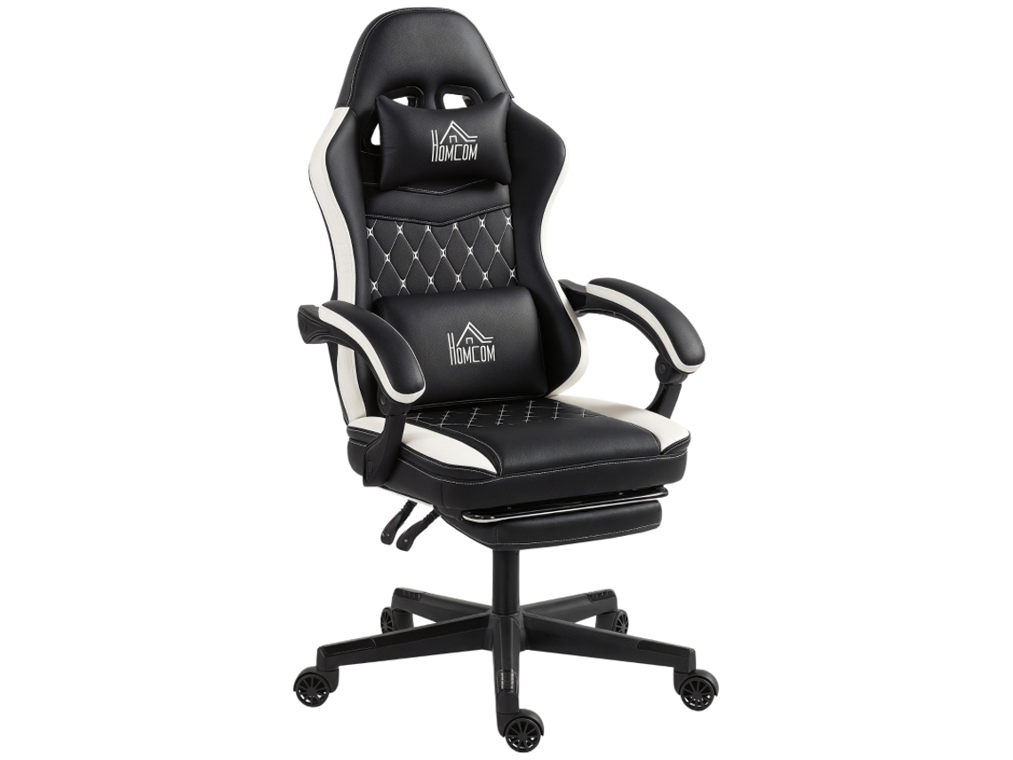 Silla Gamer Negro/blanco Con Reposapiés Y Respaldo En Cuero Sintético