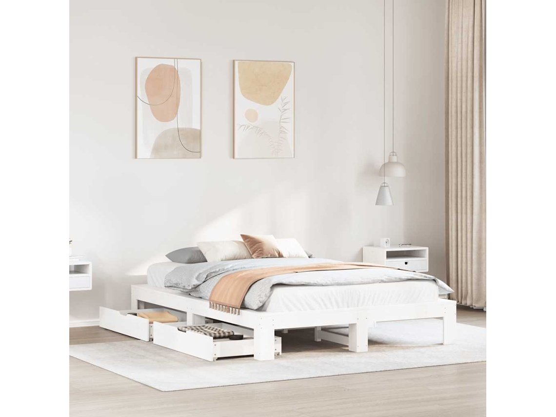 Estructura De Cama Sin Colchón Madera De Pino Blanca 140x190 Cm
