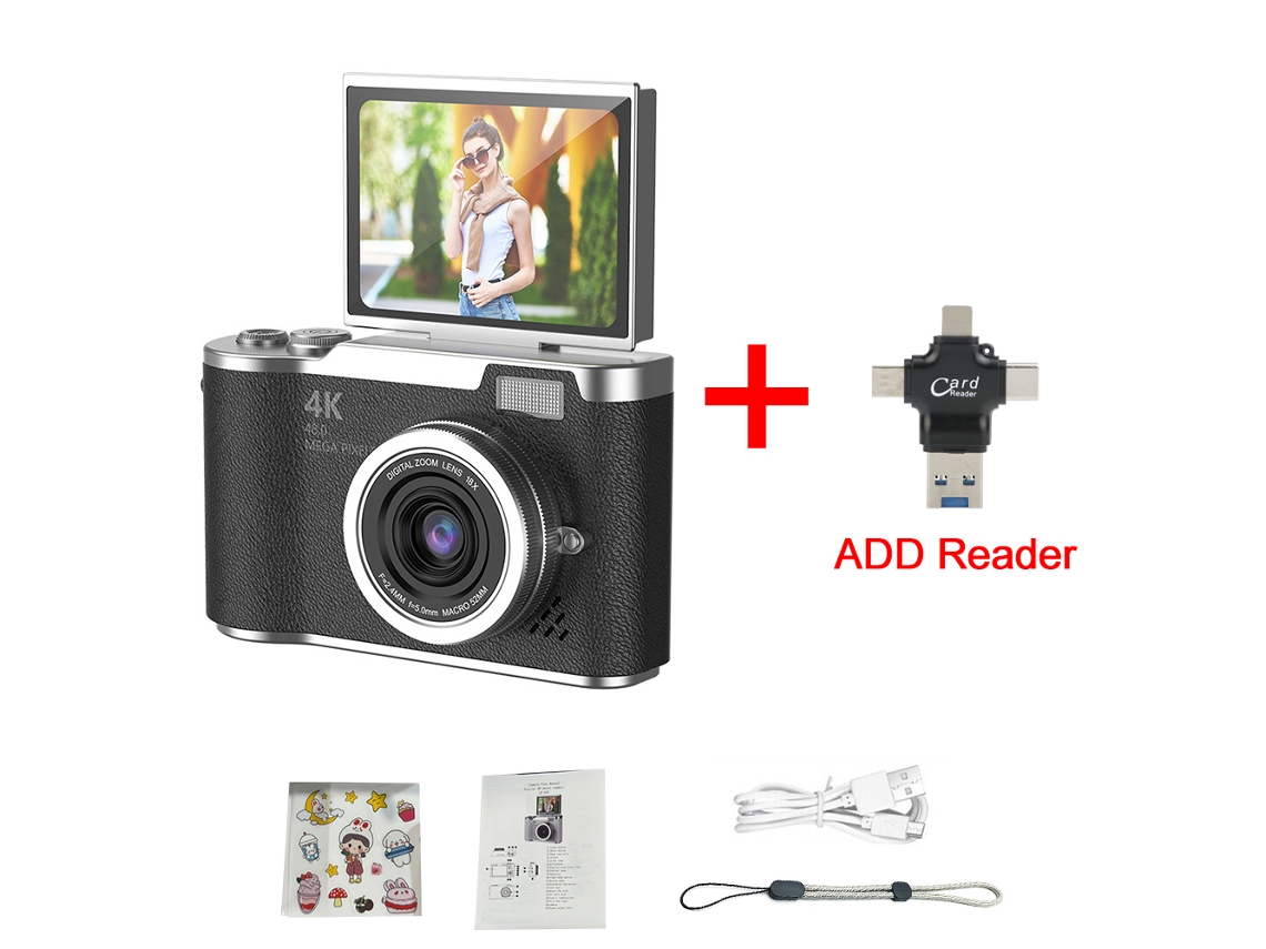 (negro Con Lector De Tarjetas -128gb) Cámara Digital 4k -48 Mp - Cámara Infantil - Autoenfoque - Pantalla De 2,4 Pulgadas -180° Flip
