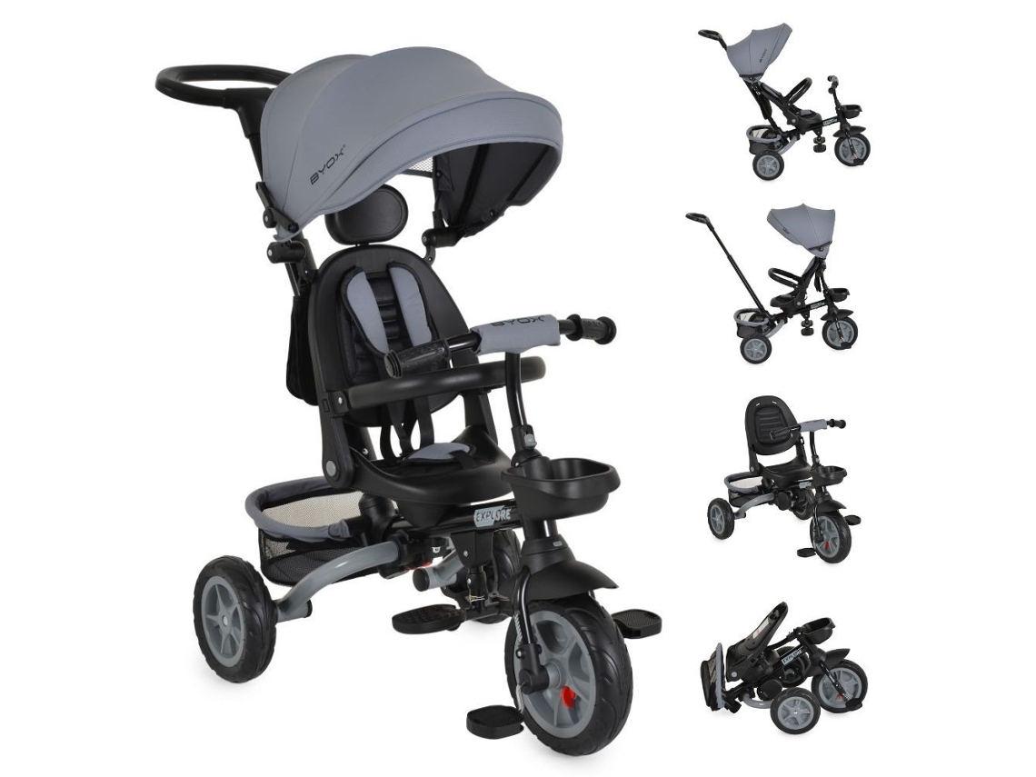 Byox Explore o Triciclo Infantil com Rodas de Borracha, Reversível, Evolutivo e Dobrável Dark Grey MONI
