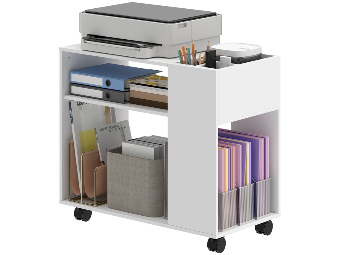 Mueble blanco para impresora con ruedas y estantes.