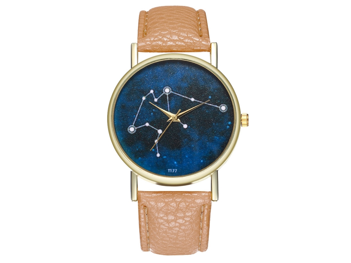 Reloj De Pulsera De Cuarzo De Moda Con Correa De Cuero Y Esfera Con Diseño De Cielo Estrellado (beige)