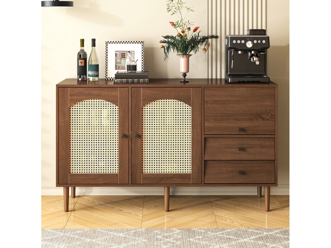 Aparador Estilo Rústico 130x75,5x40 Cm - Puertas De Ratán, Cierre Magnético, Estantes Ajustables - Diseño Elegante Y Versátil - Color Madera