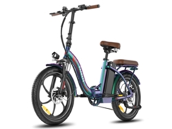 Bicicleta eléctrica Fafrees F20 Pro, motor de 250 W, batería de 36 V y 22,5 Ah, neumáticos de 20 pulgadas, frenos de disco mecánicos, color azul y verde.
