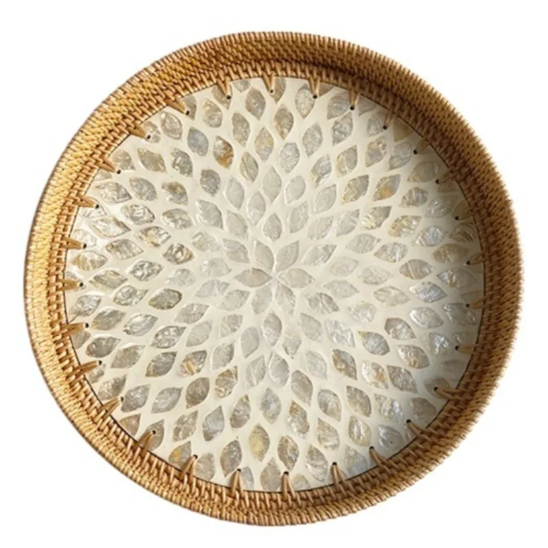 (Pan de Oro Pequeño - 30x30x3 cm) Frutero de Ratán Tejido a Mano, Bandeja Redonda Elegante y Moderna