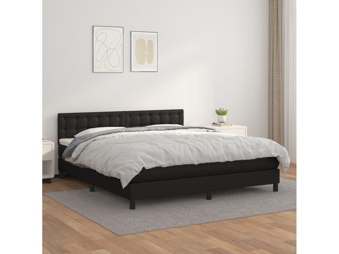 Cama Box Spring Con Colchón Cuero Sintético Negro 160x200 Cm