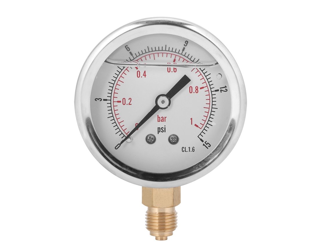 Manómetro radial lleno de aceite TS PGG604 1 bar 1/4 BSP para la industria química y maquinaria.