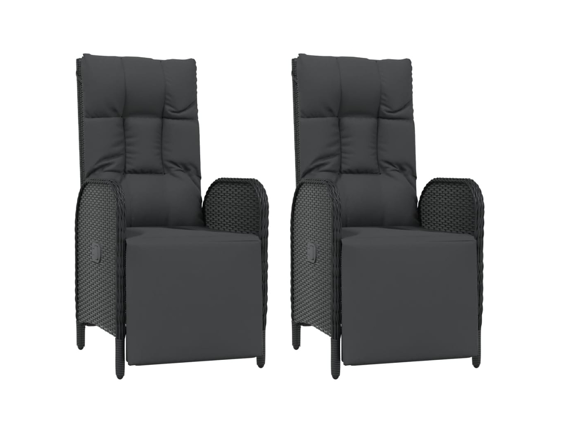 Juego de 2 sillones reclinables de exterior con cojines, mimbre, negro, EXCLUSIVO DE LA CASA