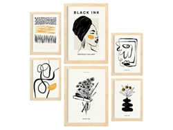 NACNIC Set De 6 Posters En Tinta Negra Natural Láminas Artísticas Y Abstractas Para  Tamaños A3 & A4 Marcos Color Madera