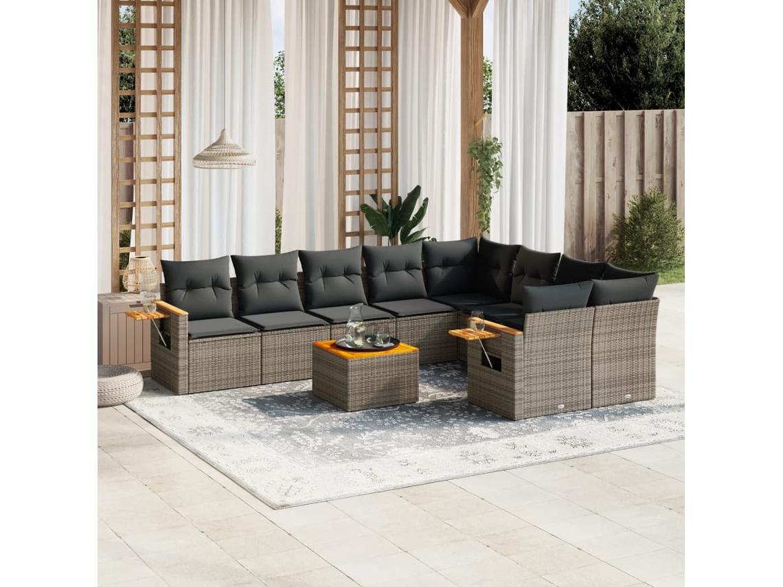 Conjunto de sofá de jardín de 10 piezas con cojines, ratán gris, DKD Home Decor