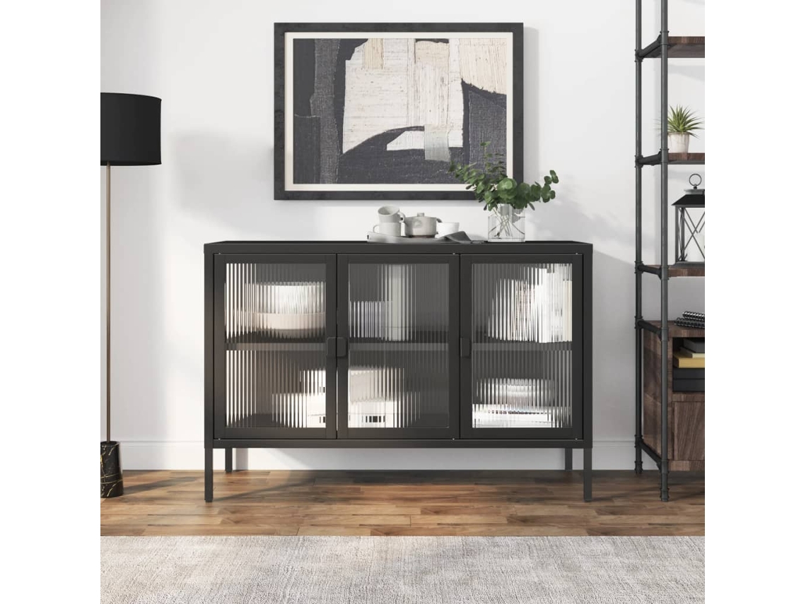 Aparador De Vidrio Y Acero Negro 105x35x70 Cm