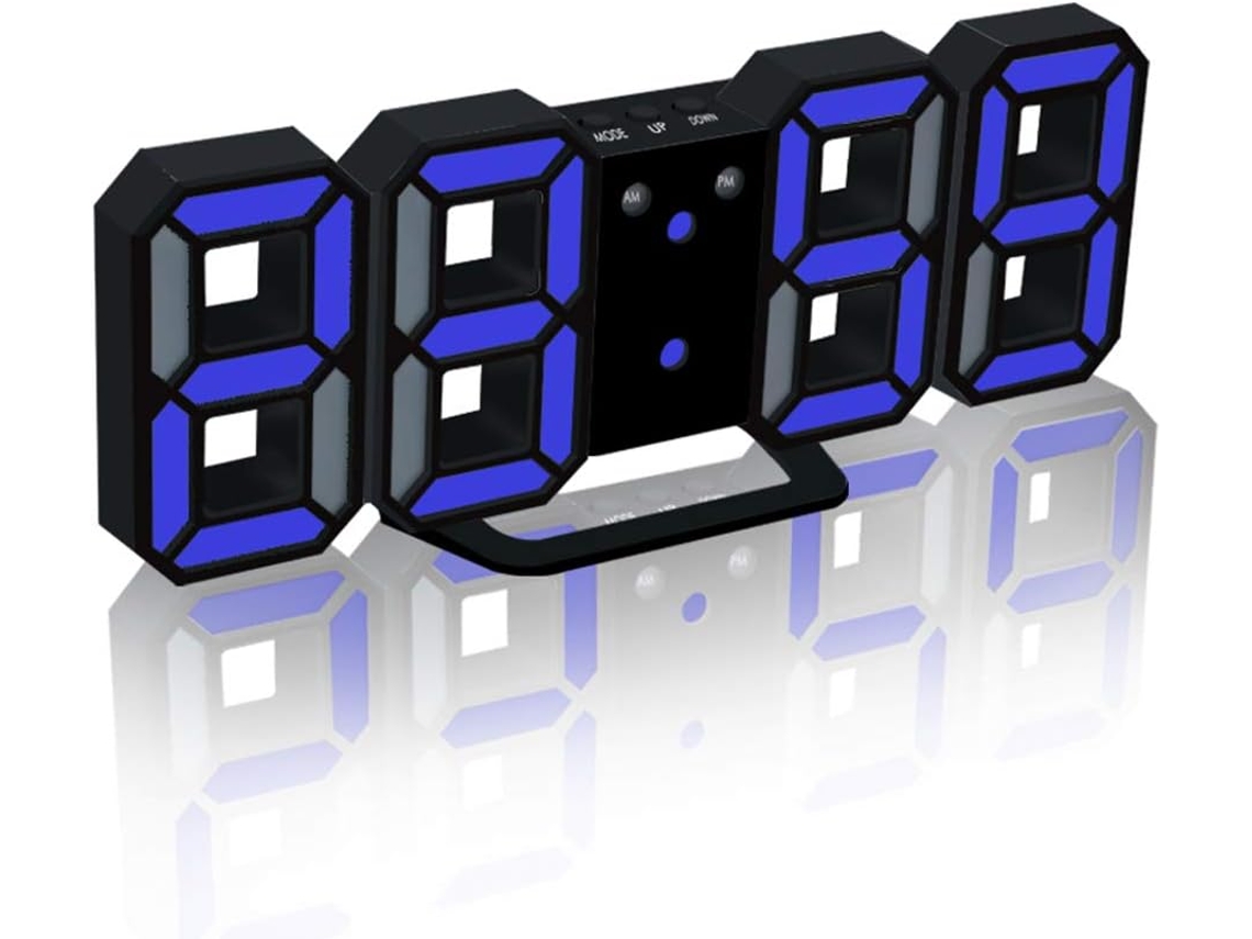 Reloj despertador digital 3D con LED de pared, brillo ajustable en 3 niveles, función de repetición, color negro y azul Nicecee