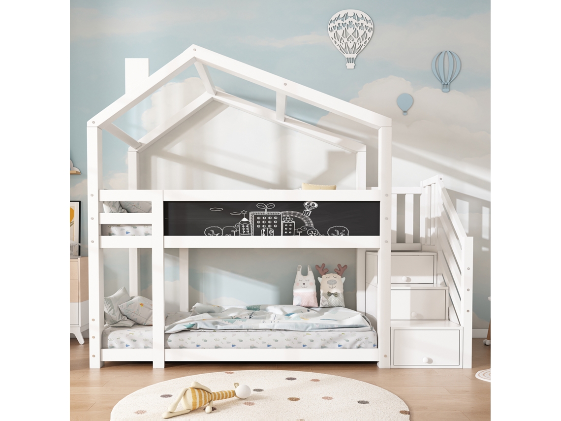 Cama Infantil Blanca 90x200, Casa Árbol Mezzanine Con Estantería Y 3 Almacenamientos, Sin Colchón