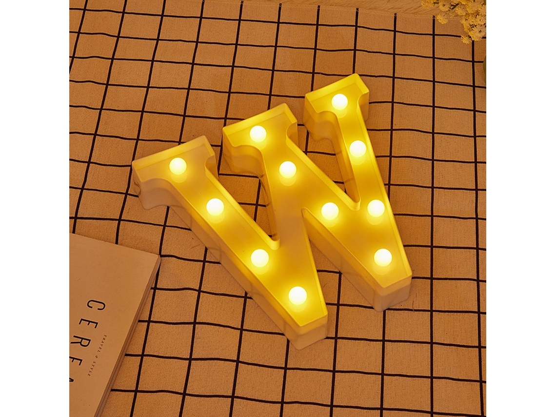 Letra LED W Iluminada con Luz Blanca Cálida, Altura 22cm, Funcionamiento a Pilas 2*AA