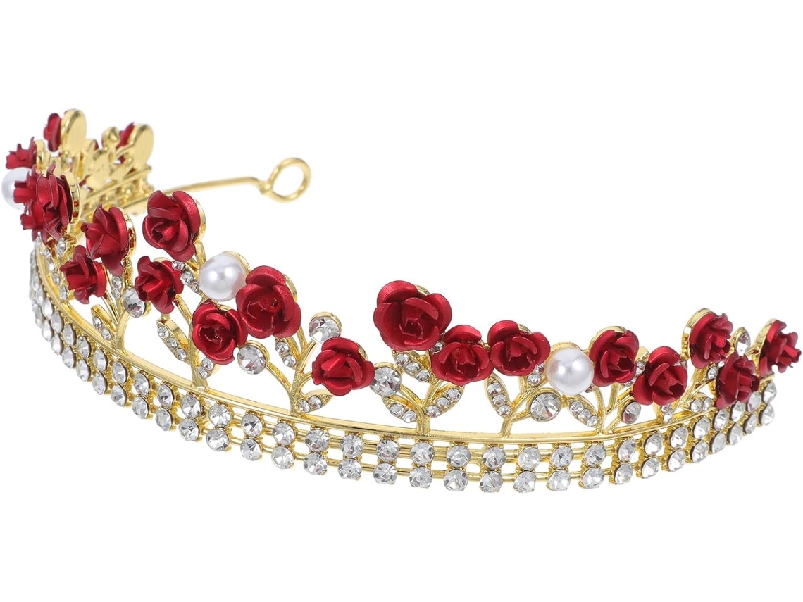 Diadema Roja Para Mujer Con Estampado De Rosas De Cristal Para Bodas.