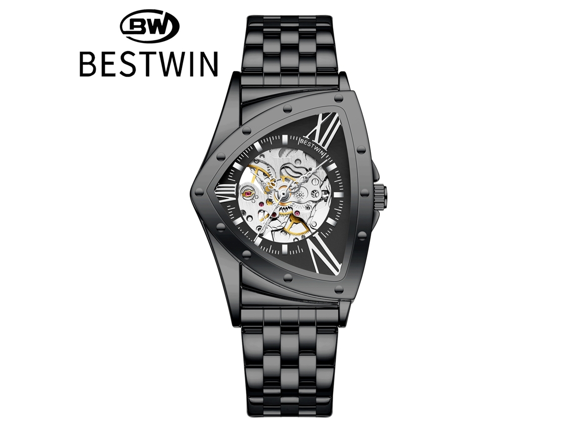 Reloj mecánico MDUG para hombre con diseño esqueletizado triangular (negro)