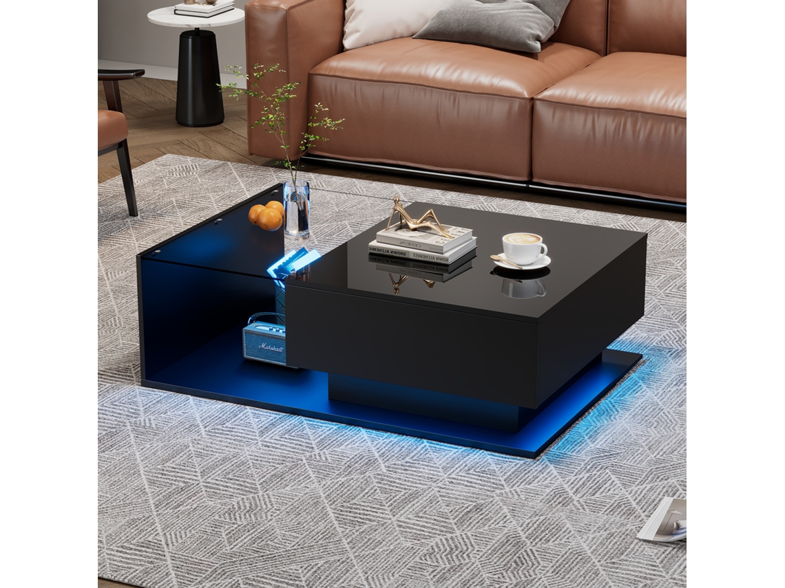 Elegante mesa de centro negra brillante de 100 x 50 x 32 cm con tapa de cristal y cajones, resistente a arañazos (no aplicable)