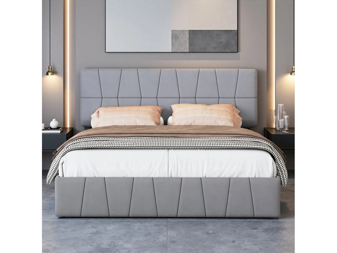  cama Matrimonial Grande Gris 160x200 Con Almacenaje, 4 Cajones, Terciopelo, Estructura Acero