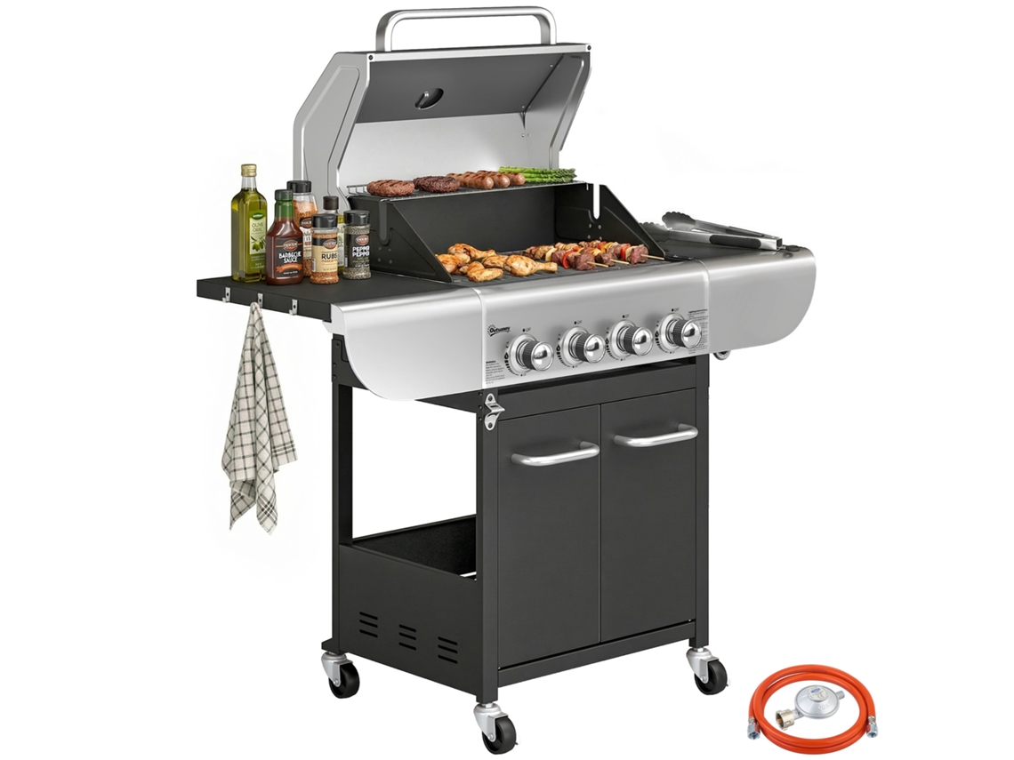 Parrilla de gas con 4 quemadores, 12,8 kW, termómetro, hierro fundido, mesas laterales y ruedas.