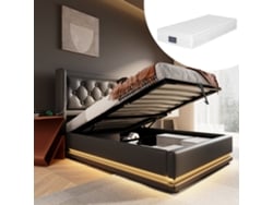 Cama De Pu Negra De 90x200 Con Iluminación Led, Usb-c Y Colchón.
