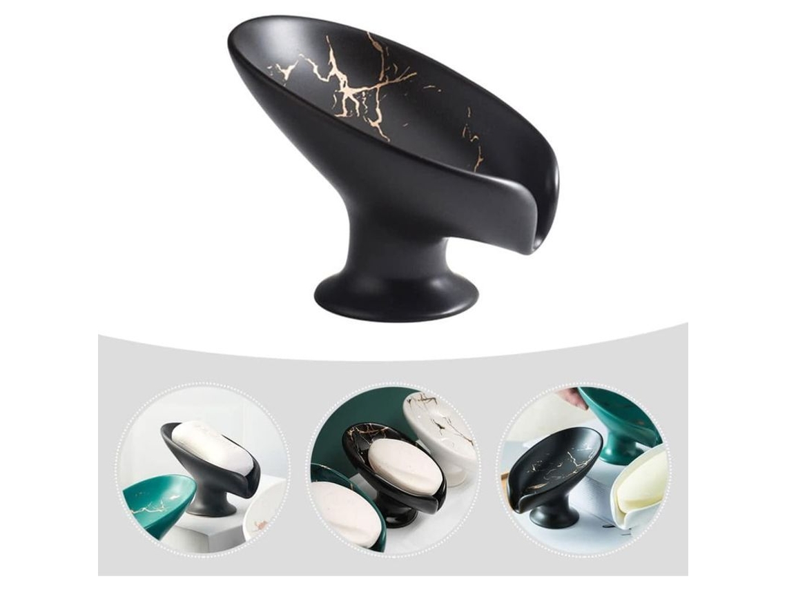 Bandeja De Jabón De Cerámica Hojas De Mármol Auto Drenaje Para Baño Cocina 13x9cm Negro