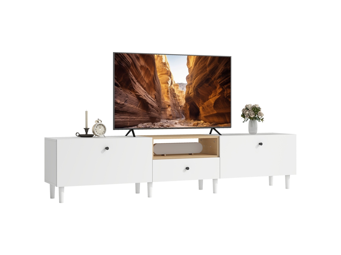 Mueble Tv 200cm 90 Pulgadas 2 Compartimentos Cajón 8 Patas Blanco