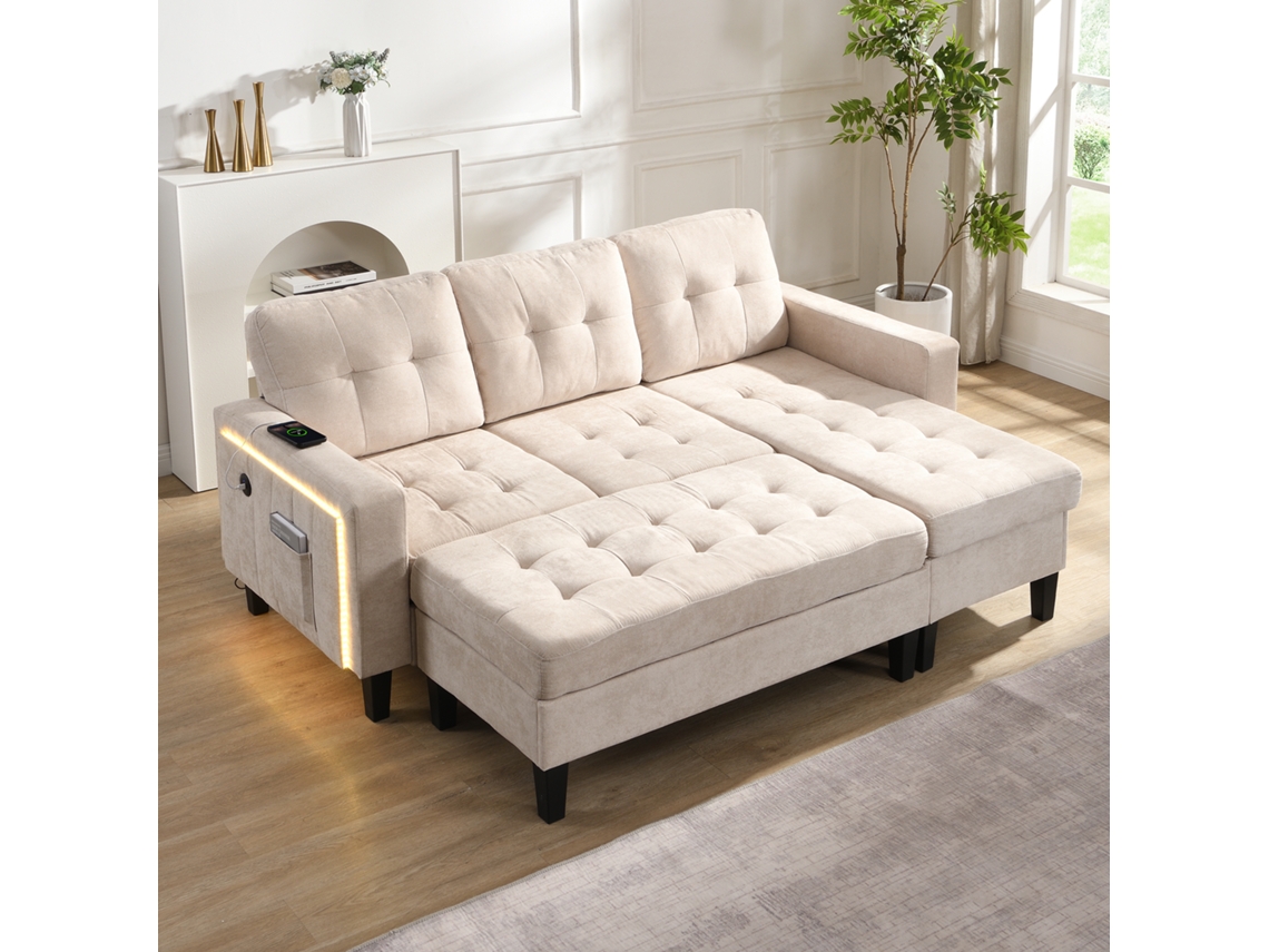 Sofá Modular L 3 Plazas - Con Puf Extra Grande Y Luces Led - Beige