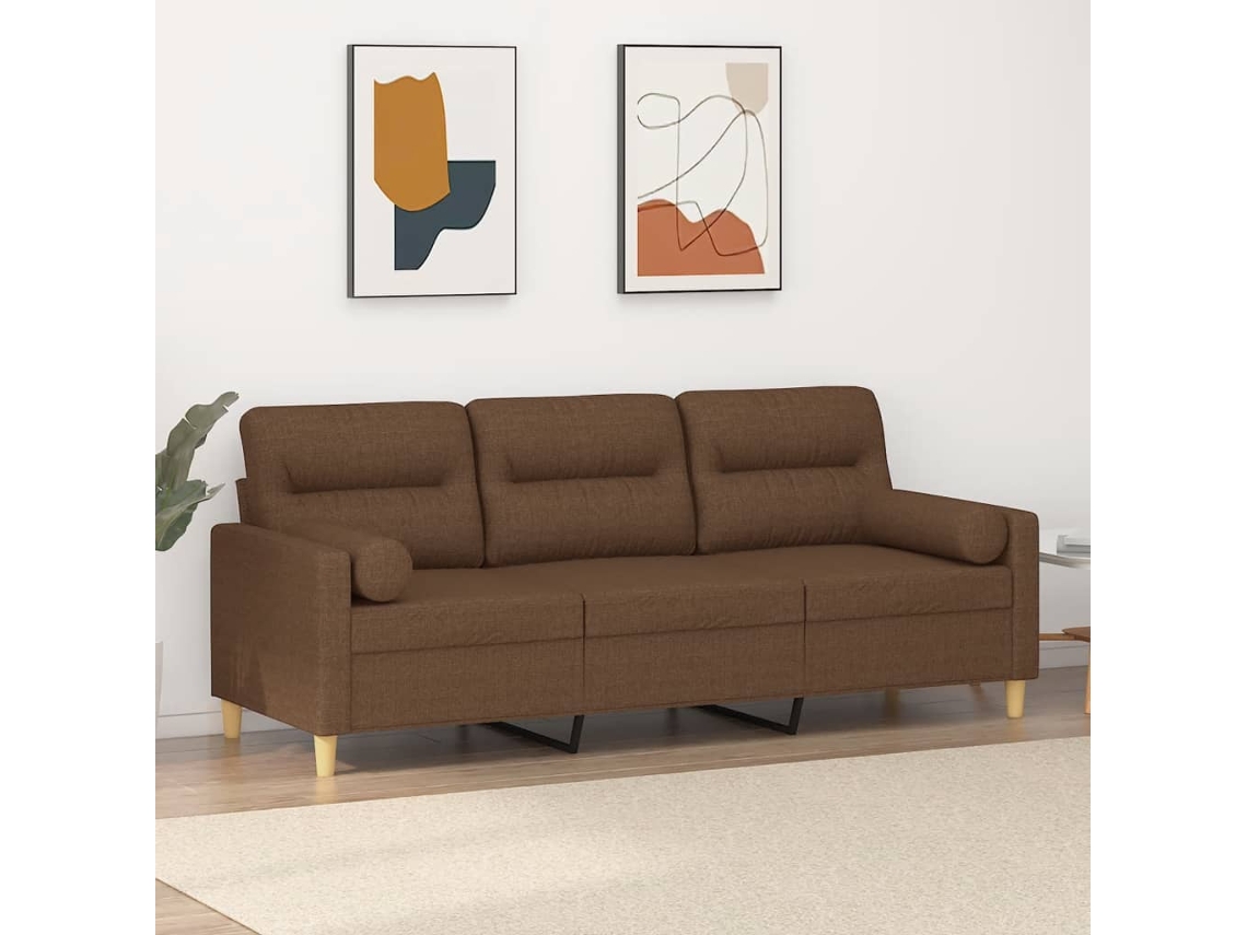 Sofá De 3 Plazas Con Cojines Tela Marrón 180 Cm