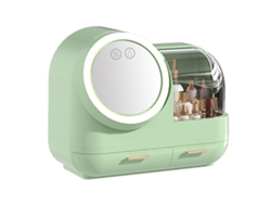 Estuche de maquillaje con espejo y ventilador, gran capacidad, luz LED, caja de almacenamiento de maquillaje para mujer, color verde claro.