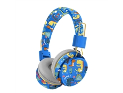 Auriculares inalámbricos Bluetooth (azules) con micrófono, diseño de dinosaurio, sonido estéreo.