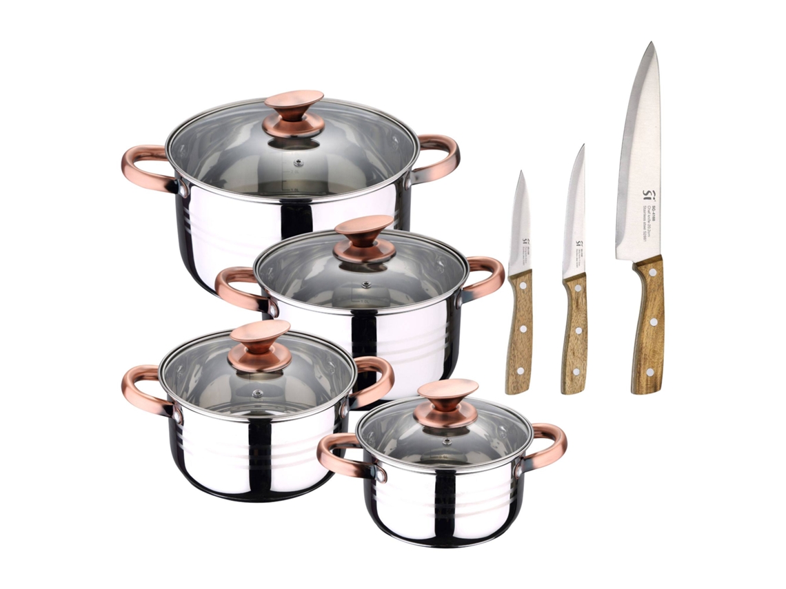 Batería De Cocina Ø16ø18ø20ø24cm De Acero Inoxidable Nona San Ignacio (8 Piezas) Con 3 Cuchillos