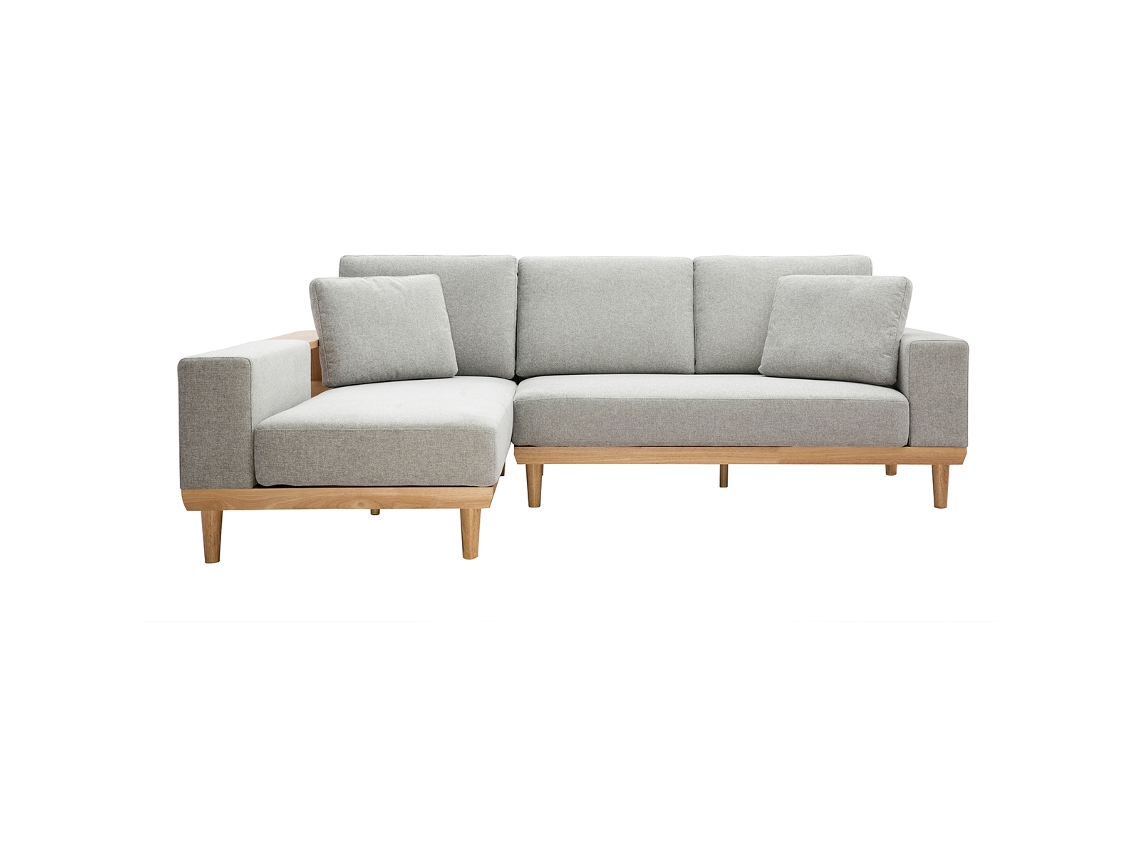 Sofá Chaise Longue a La Izquierda 5 Plazas Con Estantes En Tela Texturizada Gris Claro Efecto Aterciopelado Y Madera Clara Komao MILIBOO