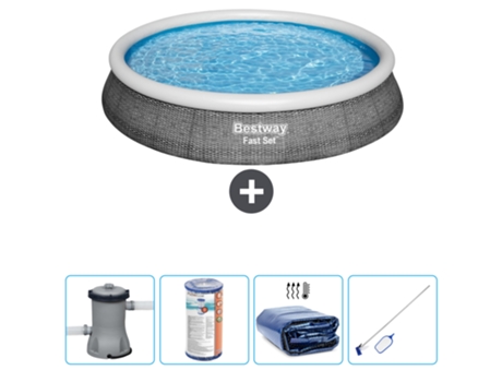 Piscina hinchable redonda Fast Set BESTWAY - Estampado ratán - 396 x 84 cm - Bomba incluida Filtrar - Vela solar - kit de limpieza